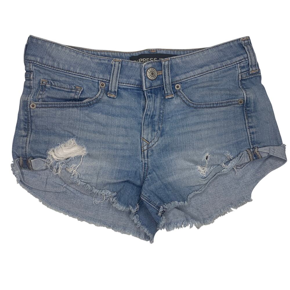 vintage Y2k Express Jeans shorts blue denim cutoffs size 00 low rise distressed